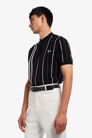 Black Fred Perry Striped Henley Polo Men's Shirts | PH 1537DFMN